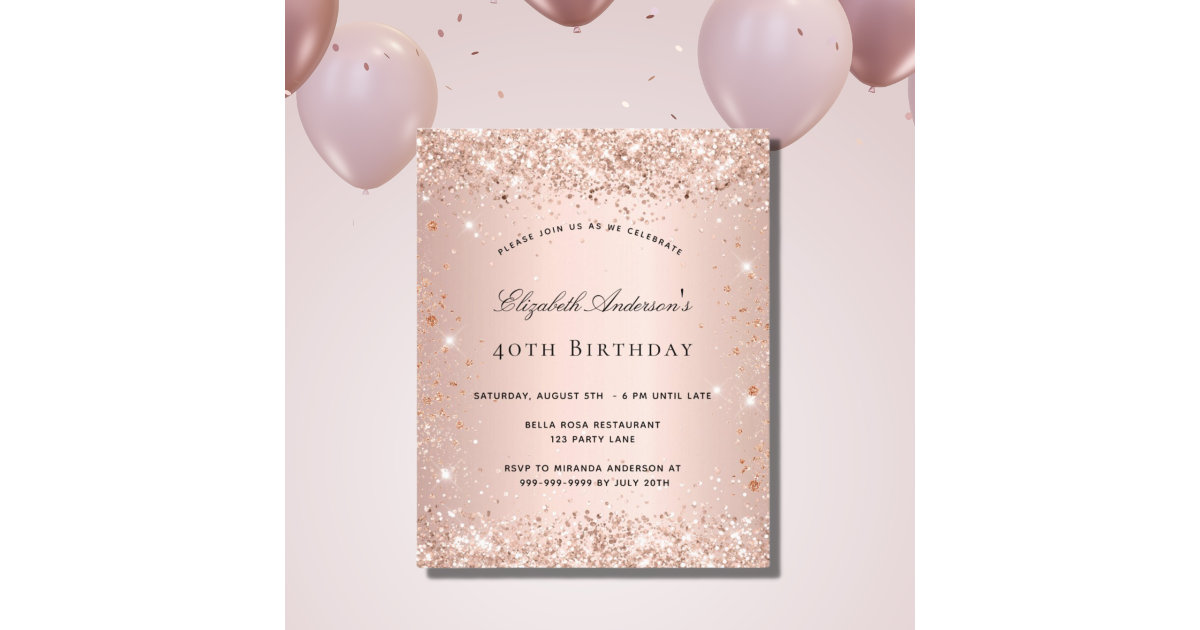 Budget birthday blush rose gold glitter invitation | Zazzle