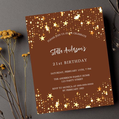 Budget birthday brown gold stars invitation