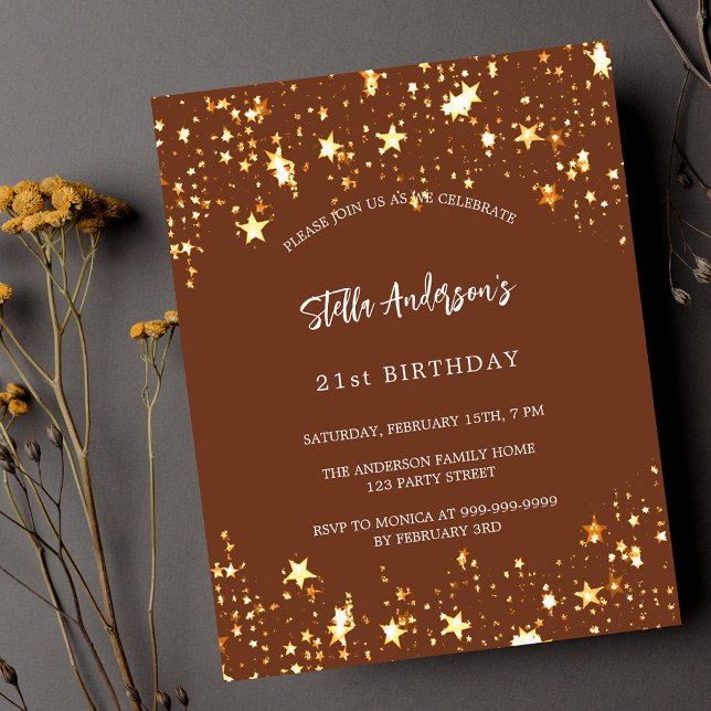 Budget birthday brown gold stars invitation (Creator Uploaded)