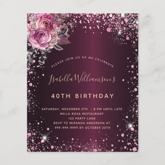 Budget birthday burgundy glitter floral invitation (Front)