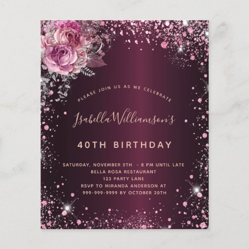 Budget birthday burgundy glitter floral invitation