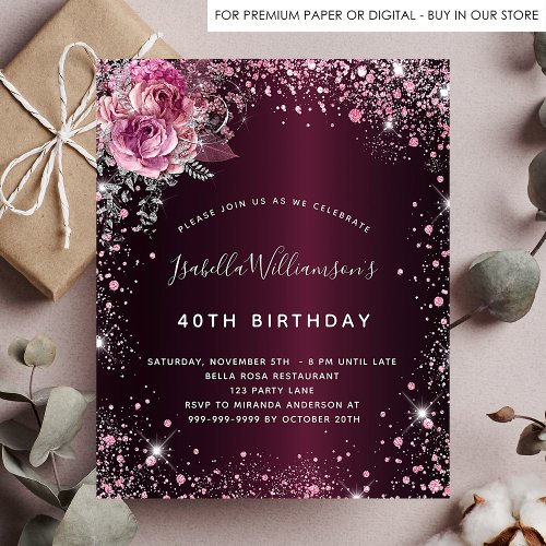 Budget birthday burgundy glitter floral invitation