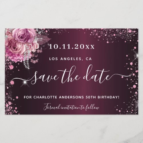 Budget birthday burgundy pink floral save the date