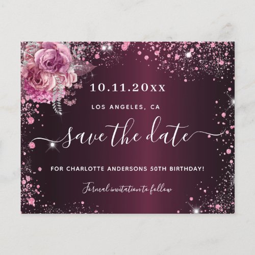 Budget birthday burgundy pink floral save the date