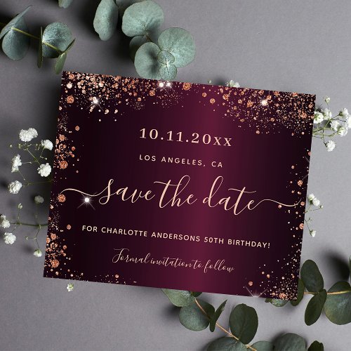 Budget birthday burgundy rose gold save the date