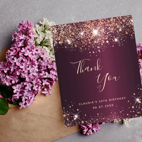 Budget birthday burgundy rose gold thank you card