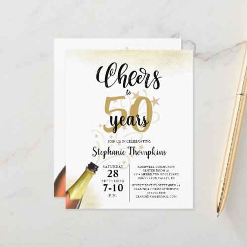 Budget Birthday CHEERS TO # YEARS Black Gold - Celebrate any age birthday with this budget-friendly editable age CHEERS TO # YEARS birthday invitation in black and gold with a celebratory drink from a wine, beer or champagne bottle, modern handwritten script typography and your custom text. The sample shows 50 but can easily be changed to any age. Ideal for adult birthdays for him or her. Contact the designer via Zazzle Chat or makeitaboutyoustore@gmail.com if you'd like this design modified, on another product or would like coordinating items.