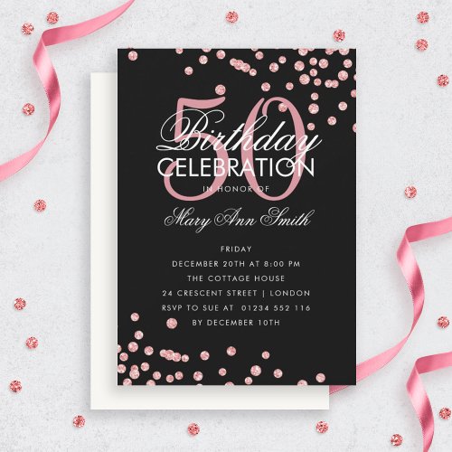 Budget Birthday Confetti Rose Gold Black Invite