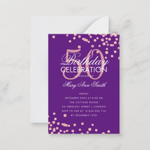 Budget Birthday Confetti Rose Gold Purple Invite