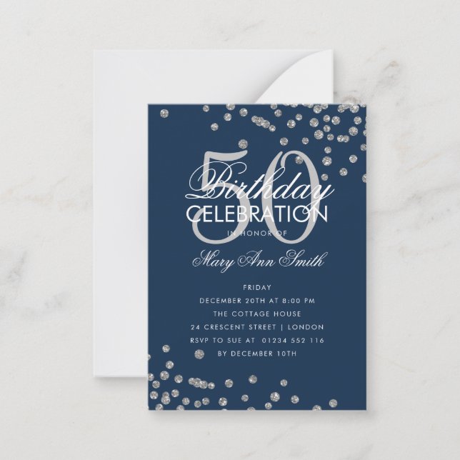 Budget Birthday Confetti Silver Navy Invite (Front)