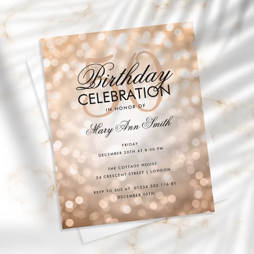 Budget Birthday Copper Sparkle Lights Invite