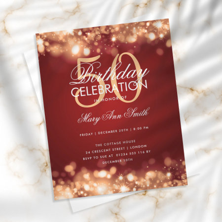 Budget Birthday Elegant Gold Red Lights Invite