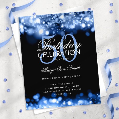 Budget Birthday Elegant Navy Blue Glam Lights Flyer