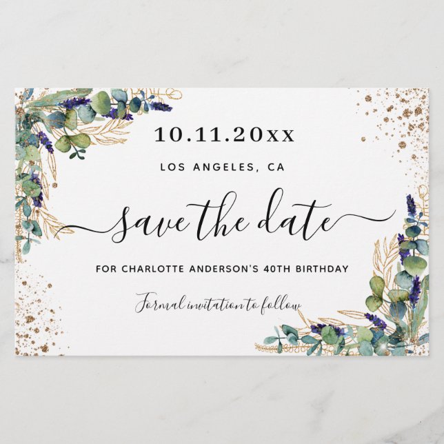 Budget birthday eucalyptus gold save the date (Front)
