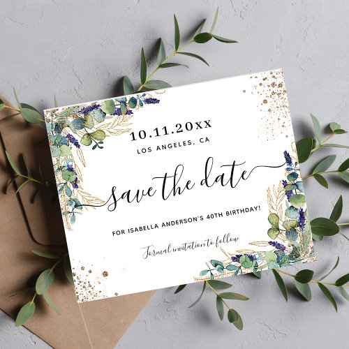 Budget birthday eucalyptus gold save the date flyer