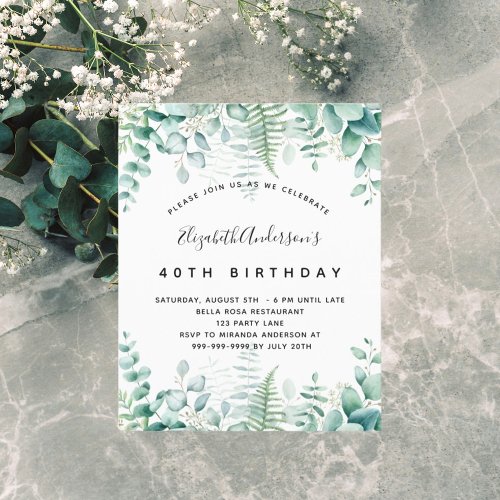 Budget birthday eucalyptus greenery invitation