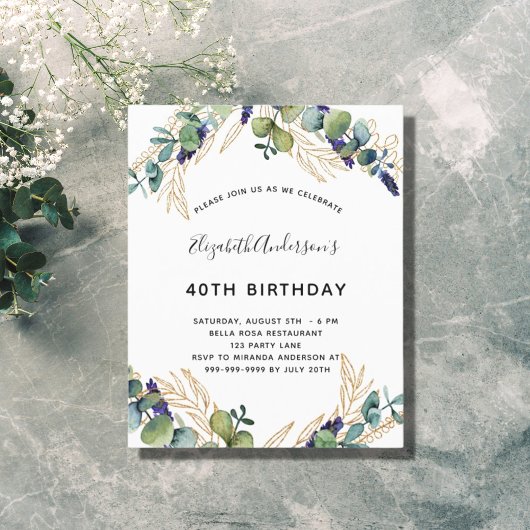 Budget birthday eucalyptus greenery invitation