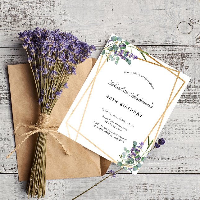 Budget birthday eucalyptus lavender geo invitation (Creator Uploaded)