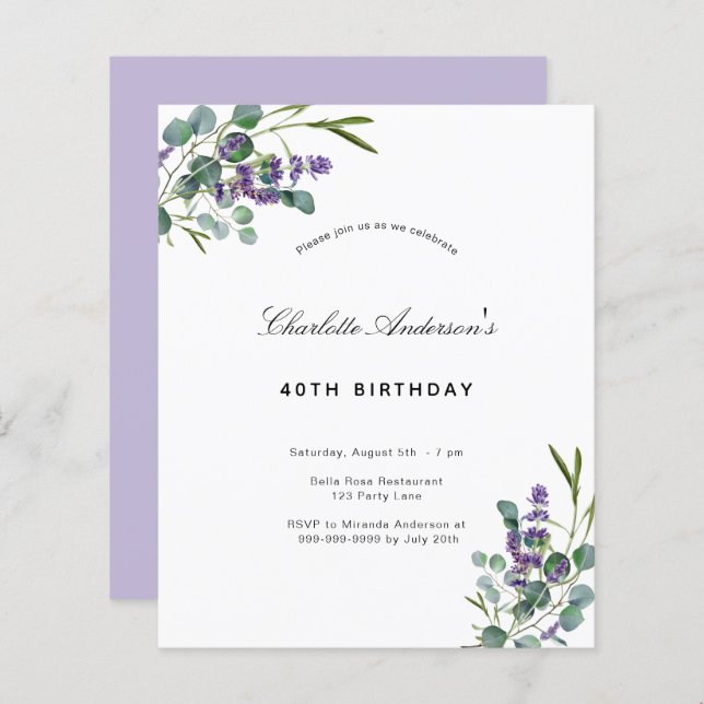 Budget birthday eucalyptus lavender invitation (Front/Back)