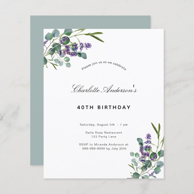 Budget birthday eucalyptus lavender invitation (Front/Back)