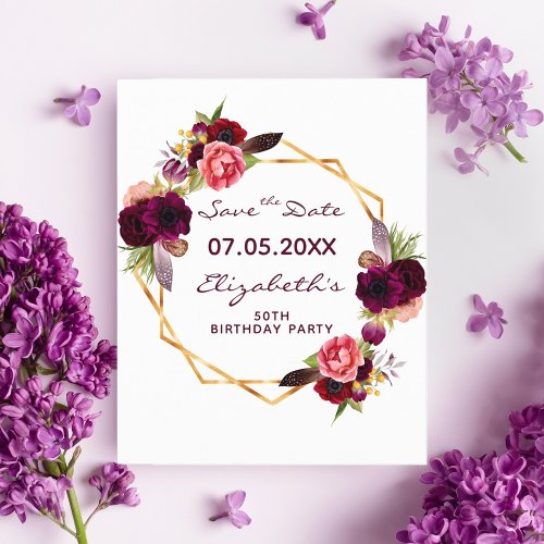 Budget birthday floral burgundy Save the Date