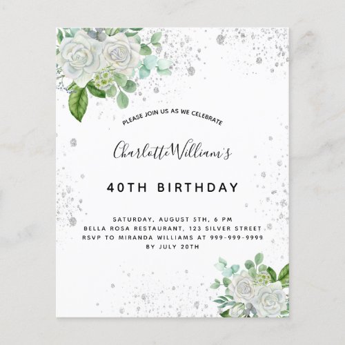 Budget birthday floral silver glitter invitation