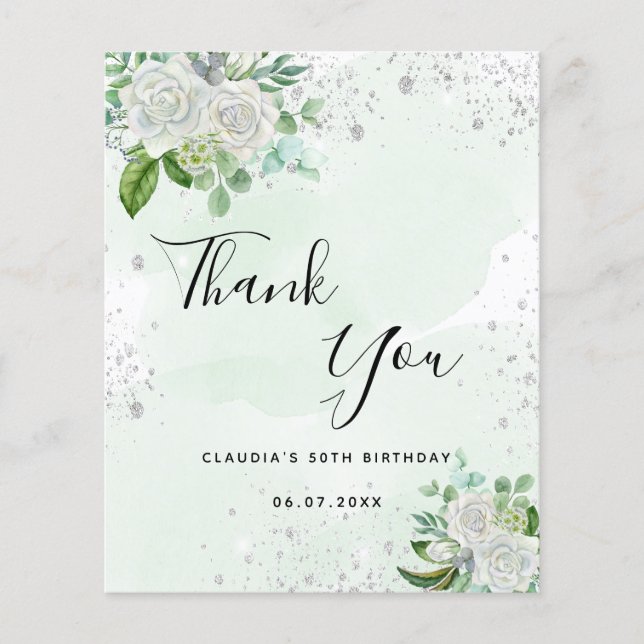 Budget birthday floral silver greenery thank you (Front)
