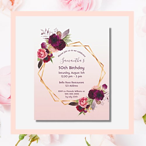 Budget Birthday florals rose gold invitation