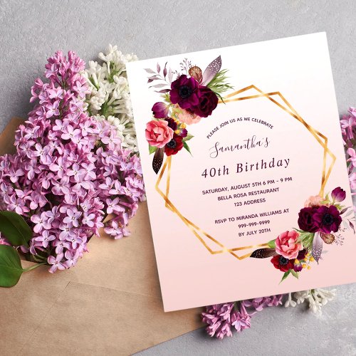 Budget Birthday florals rose gold invitation