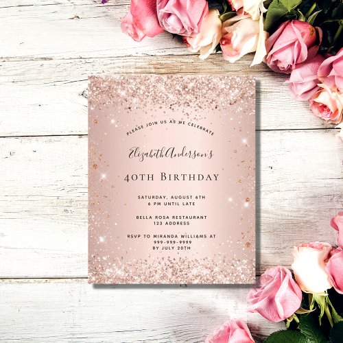 Budget birthday glitter blush rose gold invitation