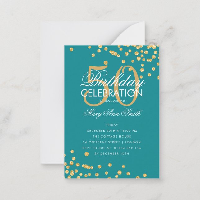 Budget Birthday Glitter Confetti Gold Teal Invite (Front)