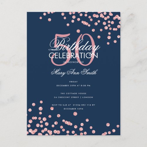 Budget Birthday Glitter Confetti Rose Gold Navy  Postcard