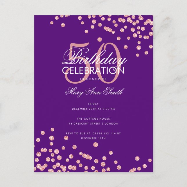 Budget Birthday Glitter Confetti Rose Gold Purple  Postcard (Front)