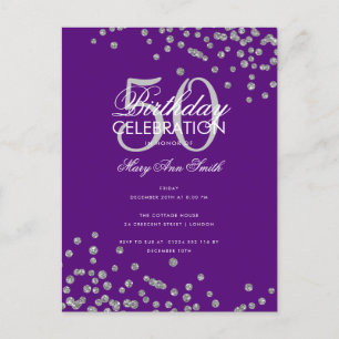 Budget Birthday Glitter Confetti Silver Purple Postcard