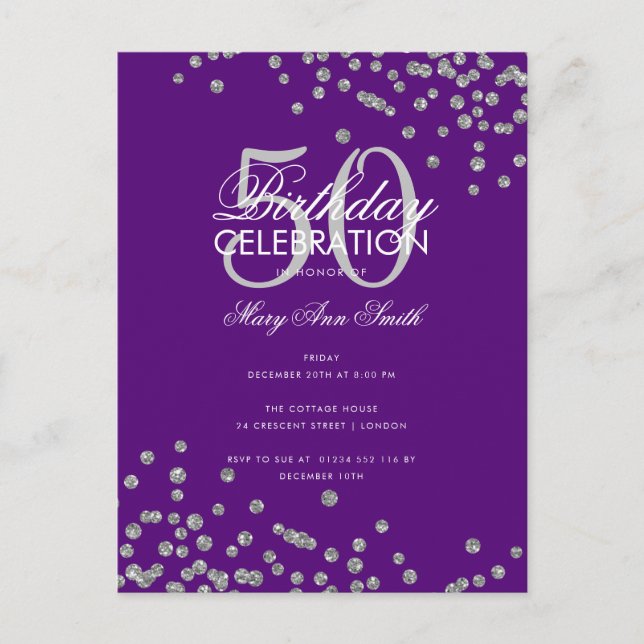 Budget Birthday Glitter Confetti Silver Purple  Postcard (Front)
