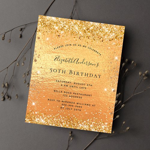 Budget birthday glitter gold invitation