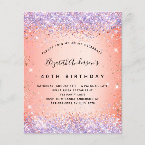 Budget birthday glitter orange purple invitation