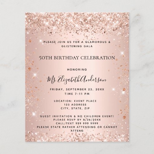 Budget birthday glitter rose gold metal invitation | Zazzle