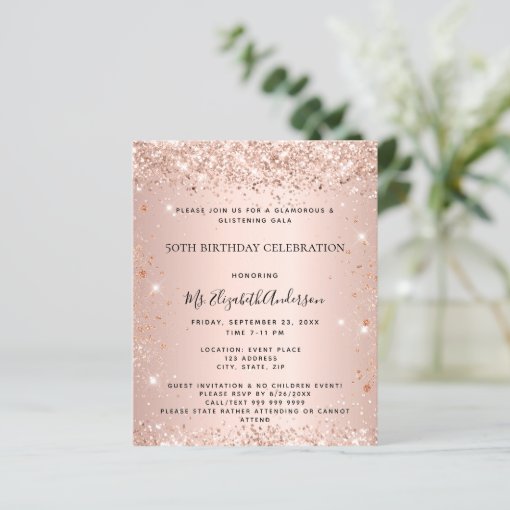 Budget birthday glitter rose gold metal invitation | Zazzle