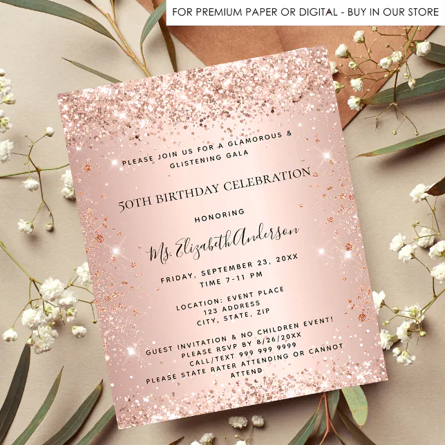 Budget birthday glitter rose gold metal invitation | Zazzle