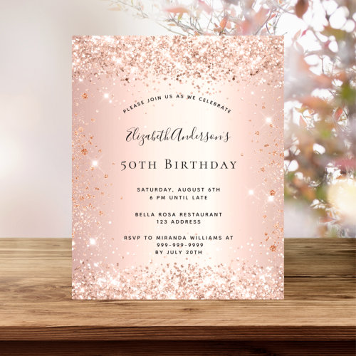 Budget birthday glitter rose gold metal invitation