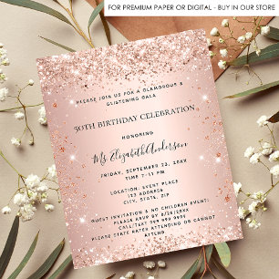 Budget birthday glitter rose gold metal invitation