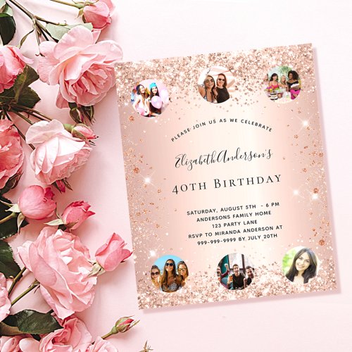 Budget birthday glitter rose gold photo invitation