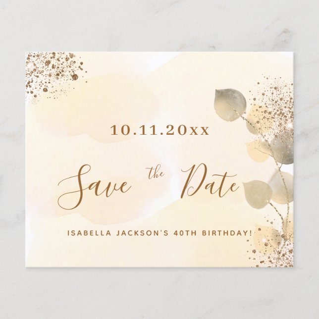 Budget birthday gold eucalyptus fall save the date (Front)