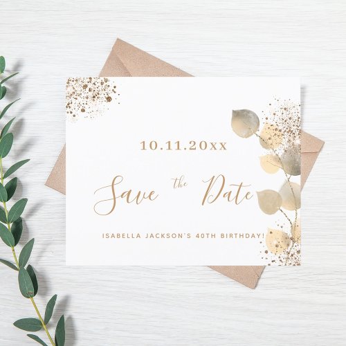 Budget birthday gold eucalyptus fall save the date