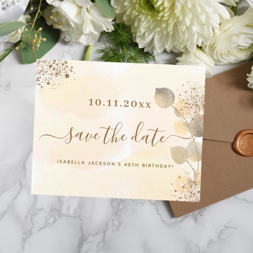 Budget birthday gold eucalyptus fall save the date
