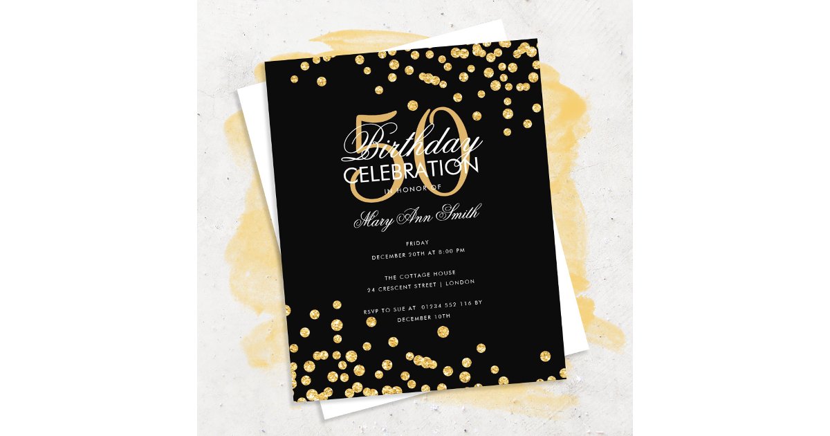 Budget Birthday Gold Glitter Confetti Black Flyer | Zazzle