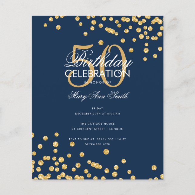 Budget Birthday Gold Glitter Confetti Navy Flyer (Front)