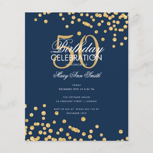 Budget Birthday Gold Glitter Confetti Navy Flyer