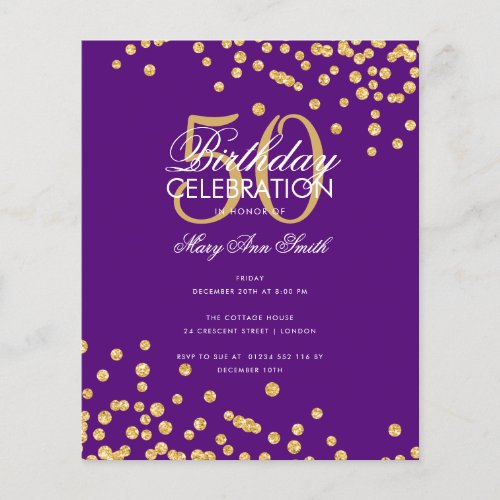 Budget Birthday Gold Glitter Confetti Purple Flyer